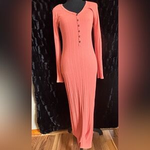 Heart Hips Coral Ribbed Long-Sleeve v-neck side split cotton Maxi Dress sz L